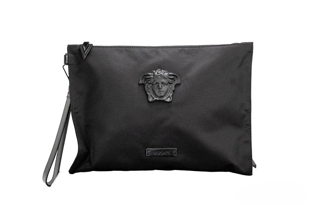 Versace Large Black Nylon Fabric Medusa Convertible Pouch Clutch Wristlet Bag