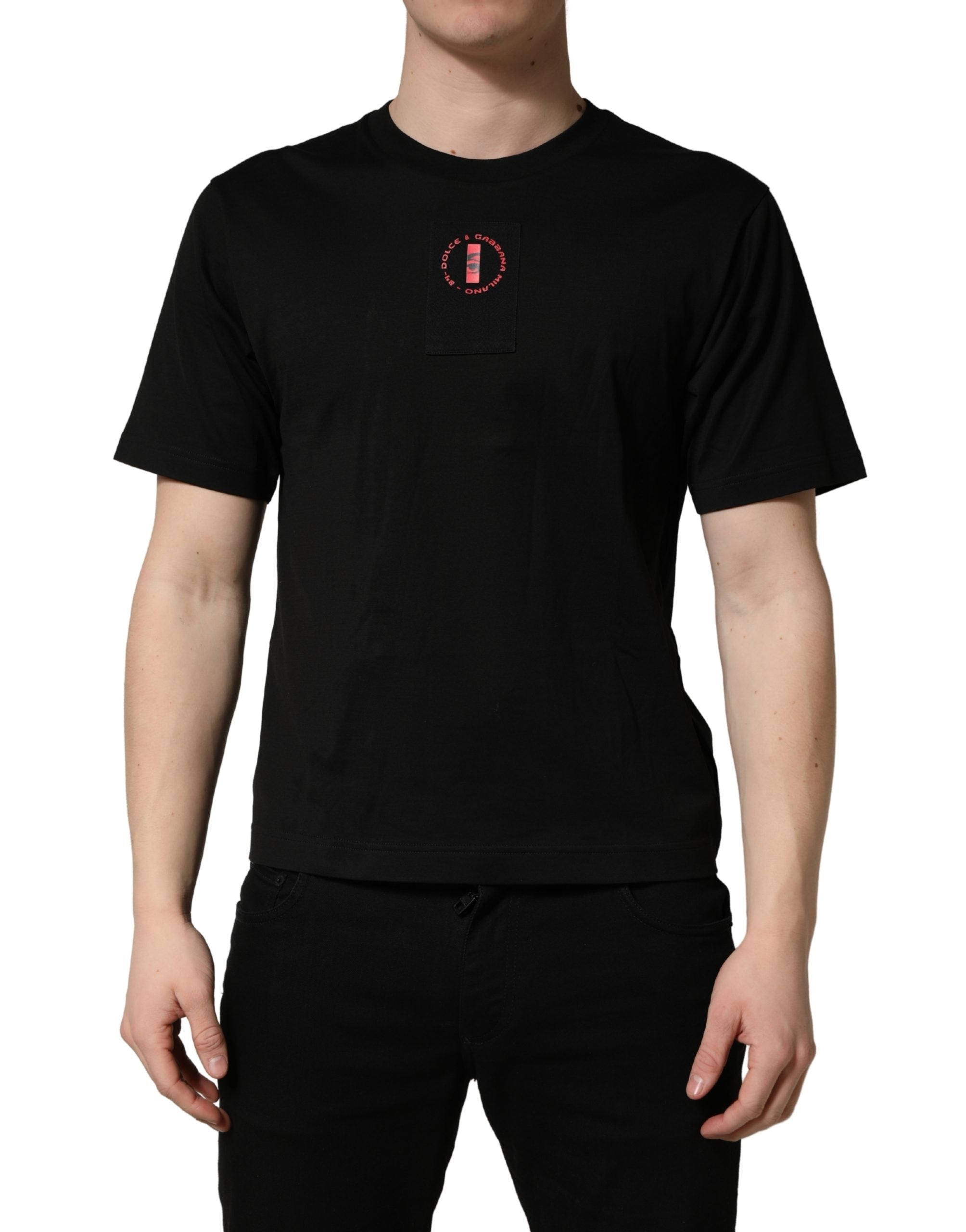 Dolce & Gabbana Black Cotton Jersey Logo Patch Crew Neck T-shirt