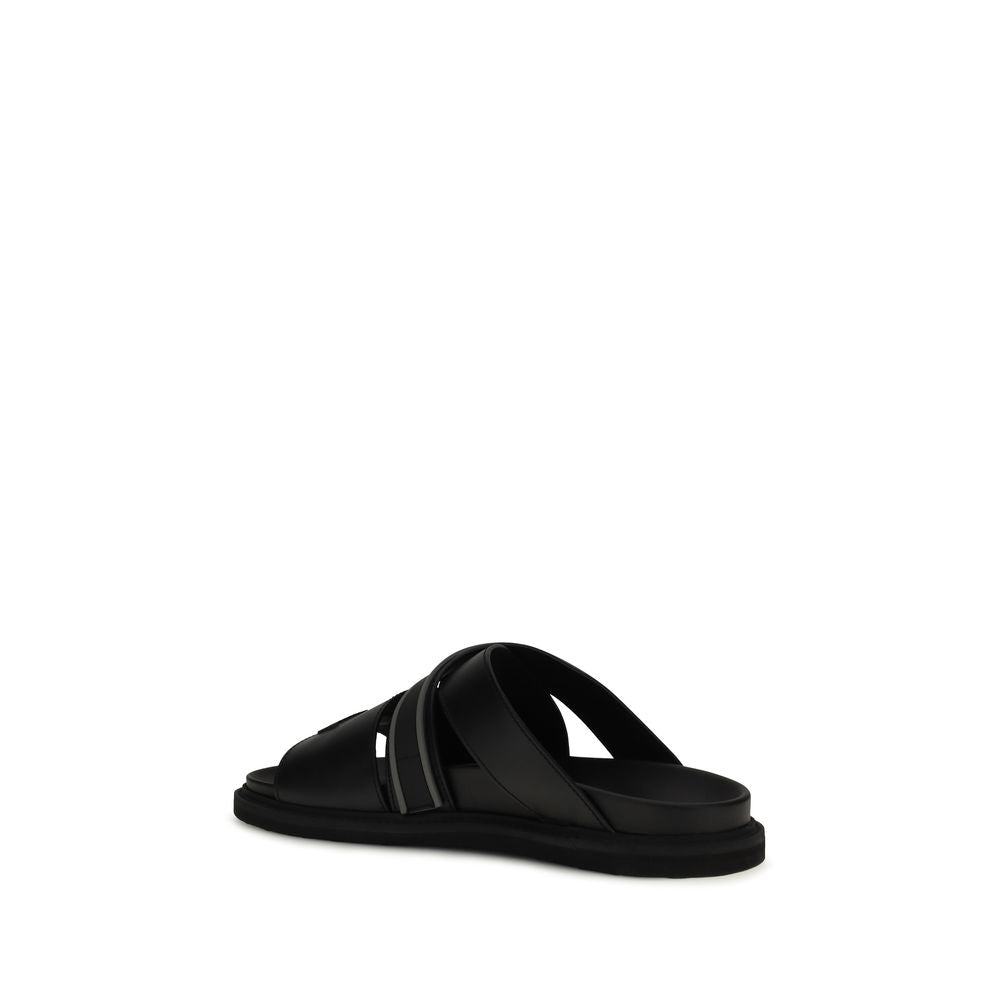 Moschino Black Calf Leather Bos Taurus Flat Sandals
