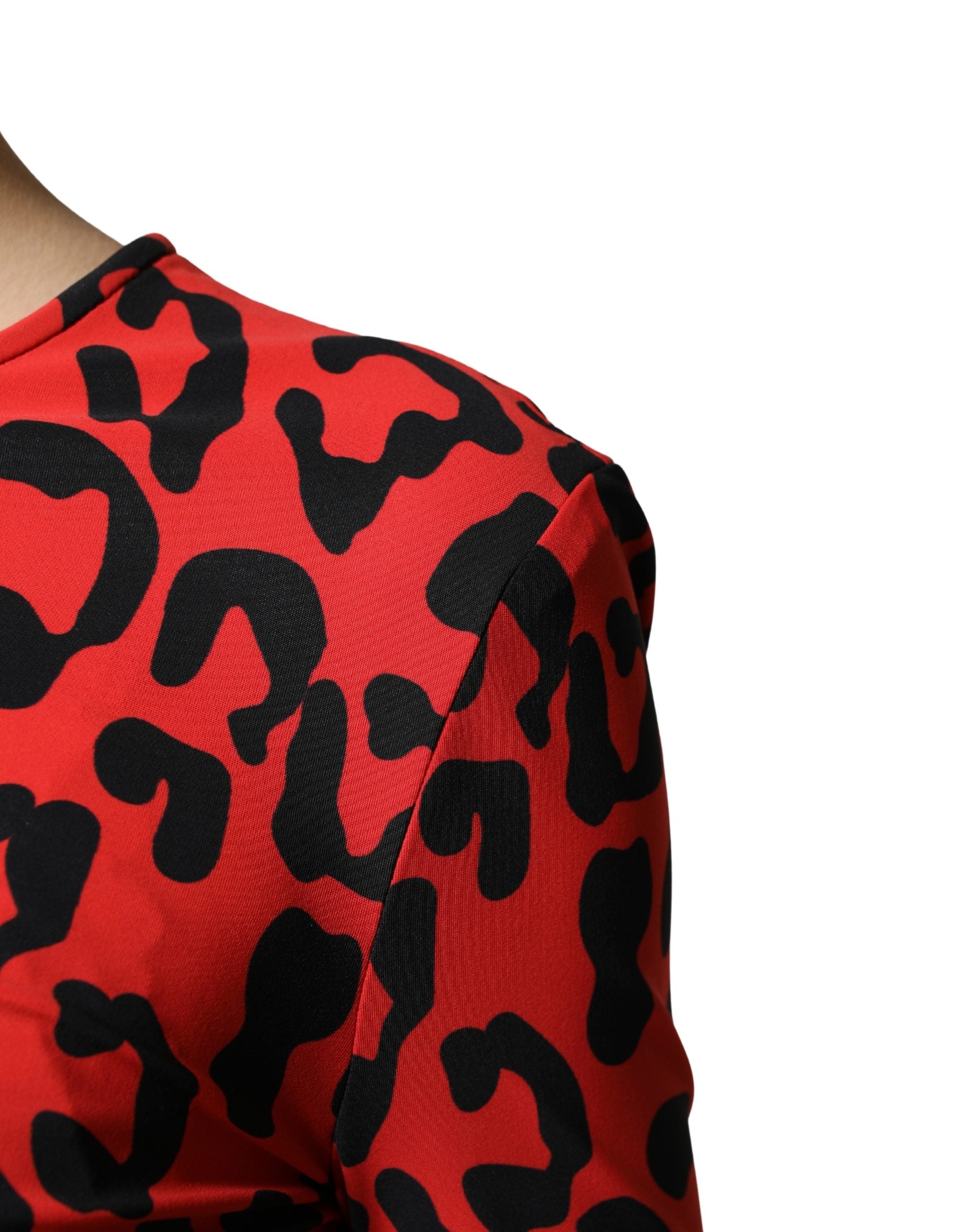 Dolce & Gabbana Red Leopard Print Long Sleeves Midi Dress