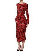 Dolce & Gabbana Red Leopard Print Long Sleeves Midi Dress