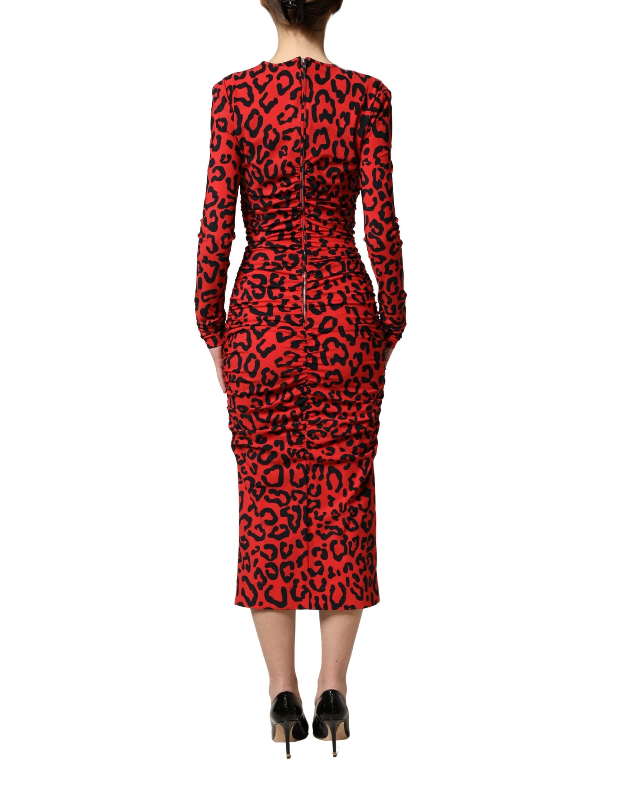 Dolce & Gabbana Red Leopard Print Long Sleeves Midi Dress