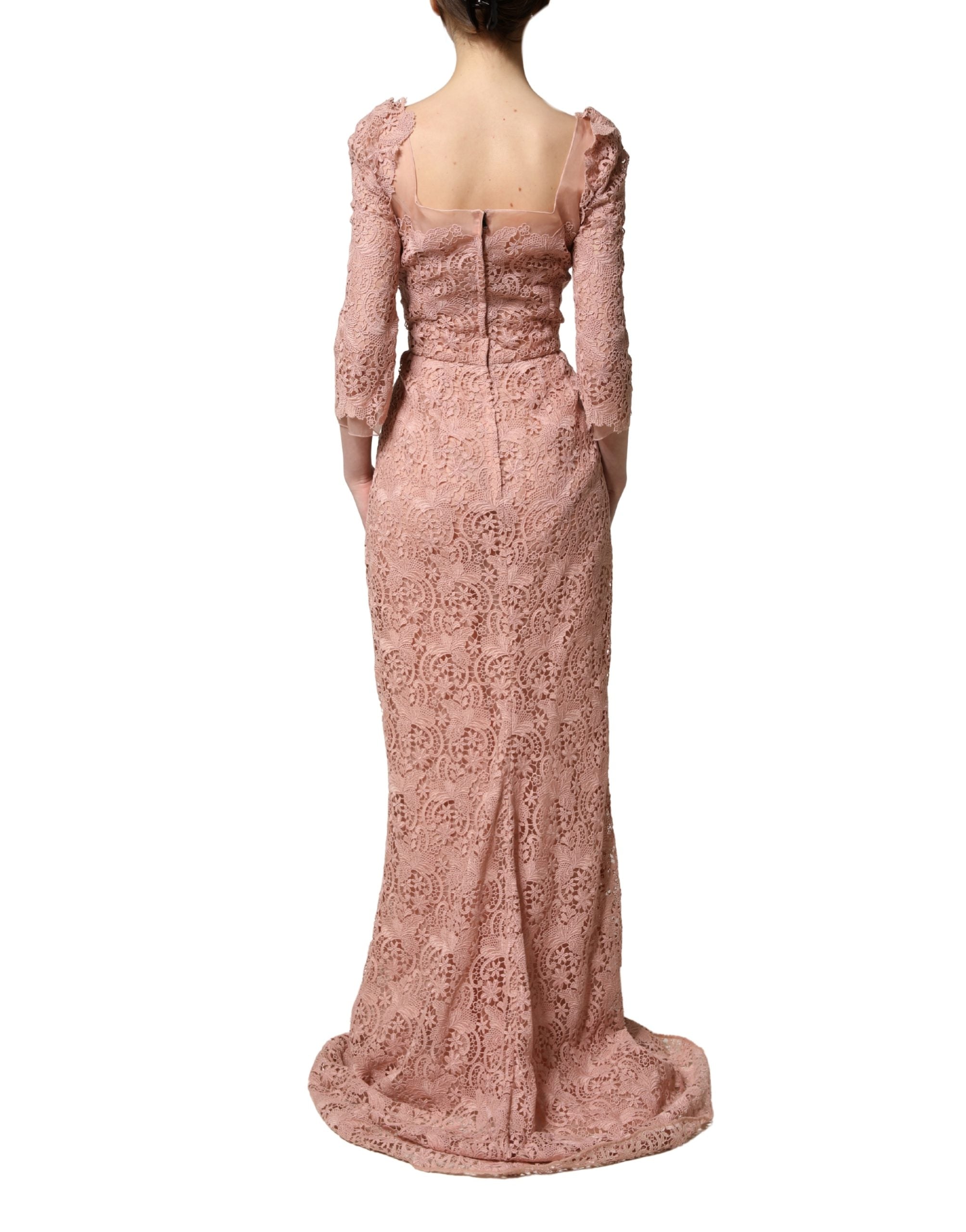 Dolce & Gabbana Pink Lace Long-Sleeved Evening Gown Dress