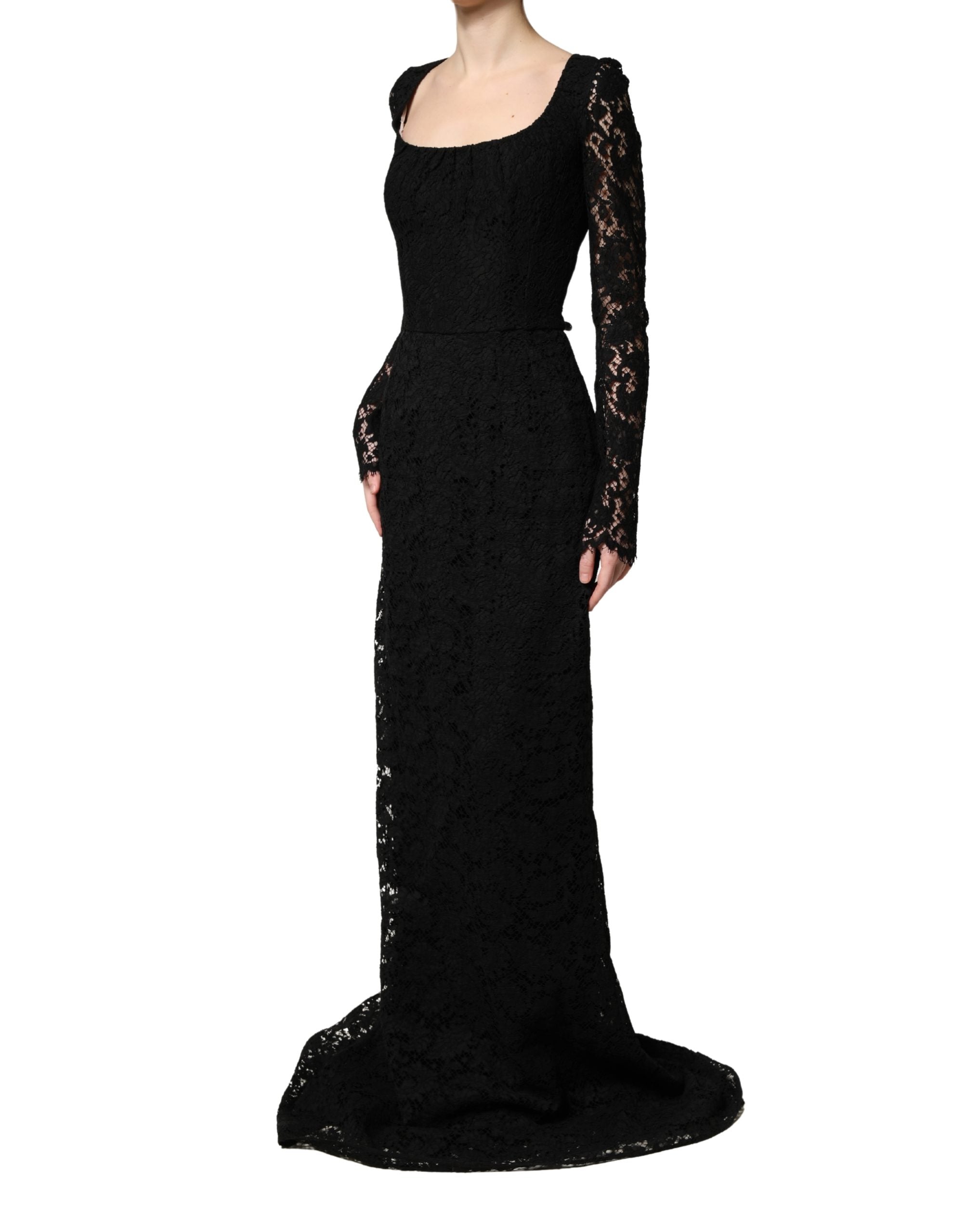 Dolce & Gabbana Black Lace Square Neck LongSleeve Maxi Dress