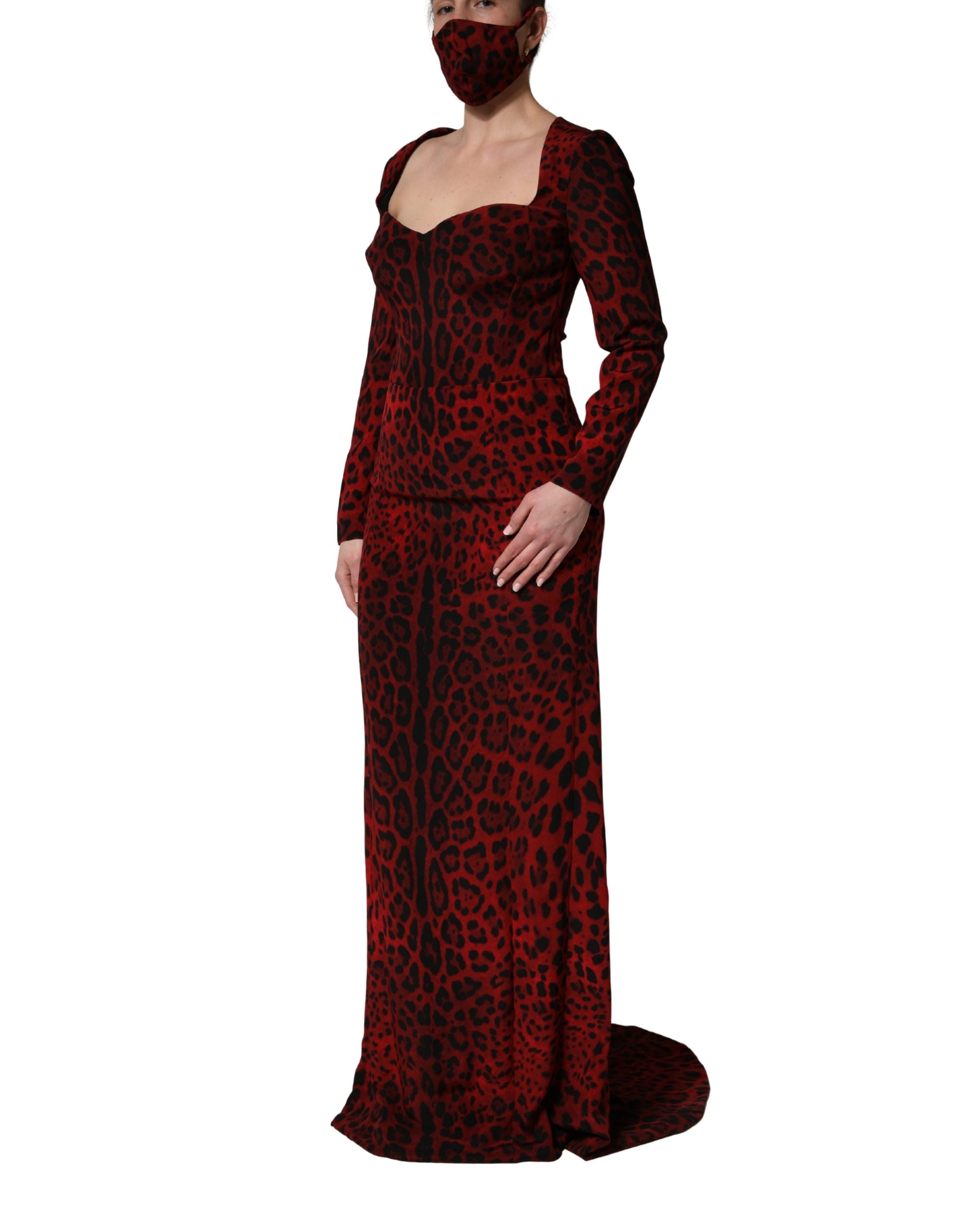 Dolce & Gabbana Red Leopard Print Sheath Long Sleeve Dress