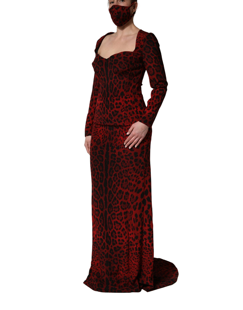 Dolce & Gabbana Red Leopard Print Sheath Long Sleeve Dress