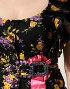 Dolce & Gabbana Black Purple Crystal Brooch Silk Midi Dress