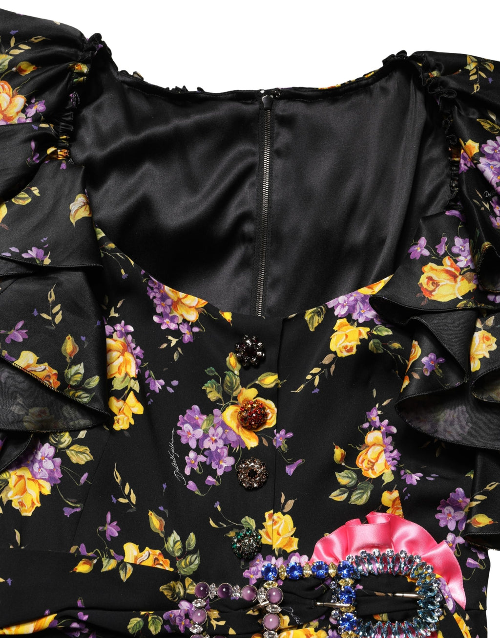 Dolce & Gabbana Black Purple Crystal Brooch Silk Midi Dress