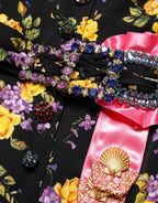 Dolce & Gabbana Black Purple Crystal Brooch Silk Midi Dress