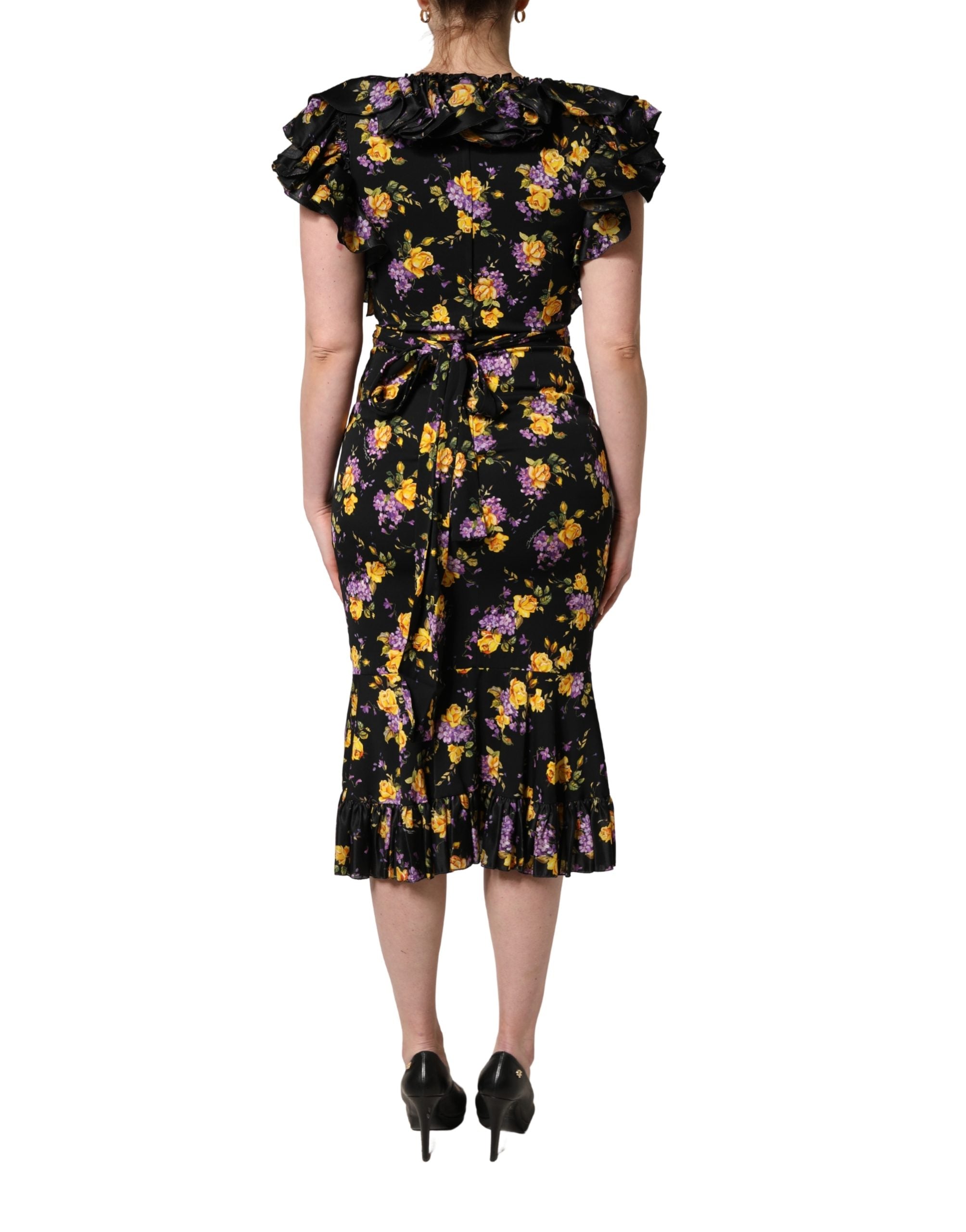 Dolce & Gabbana Black Purple Crystal Brooch Silk Midi Dress