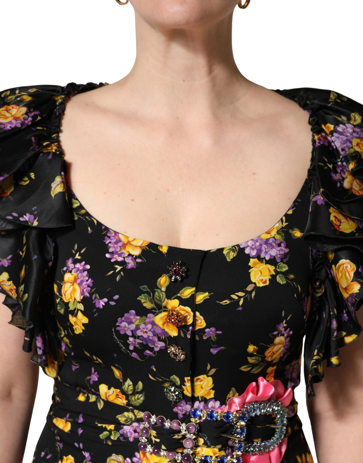 Dolce & Gabbana Black Purple Crystal Brooch Silk Midi Dress