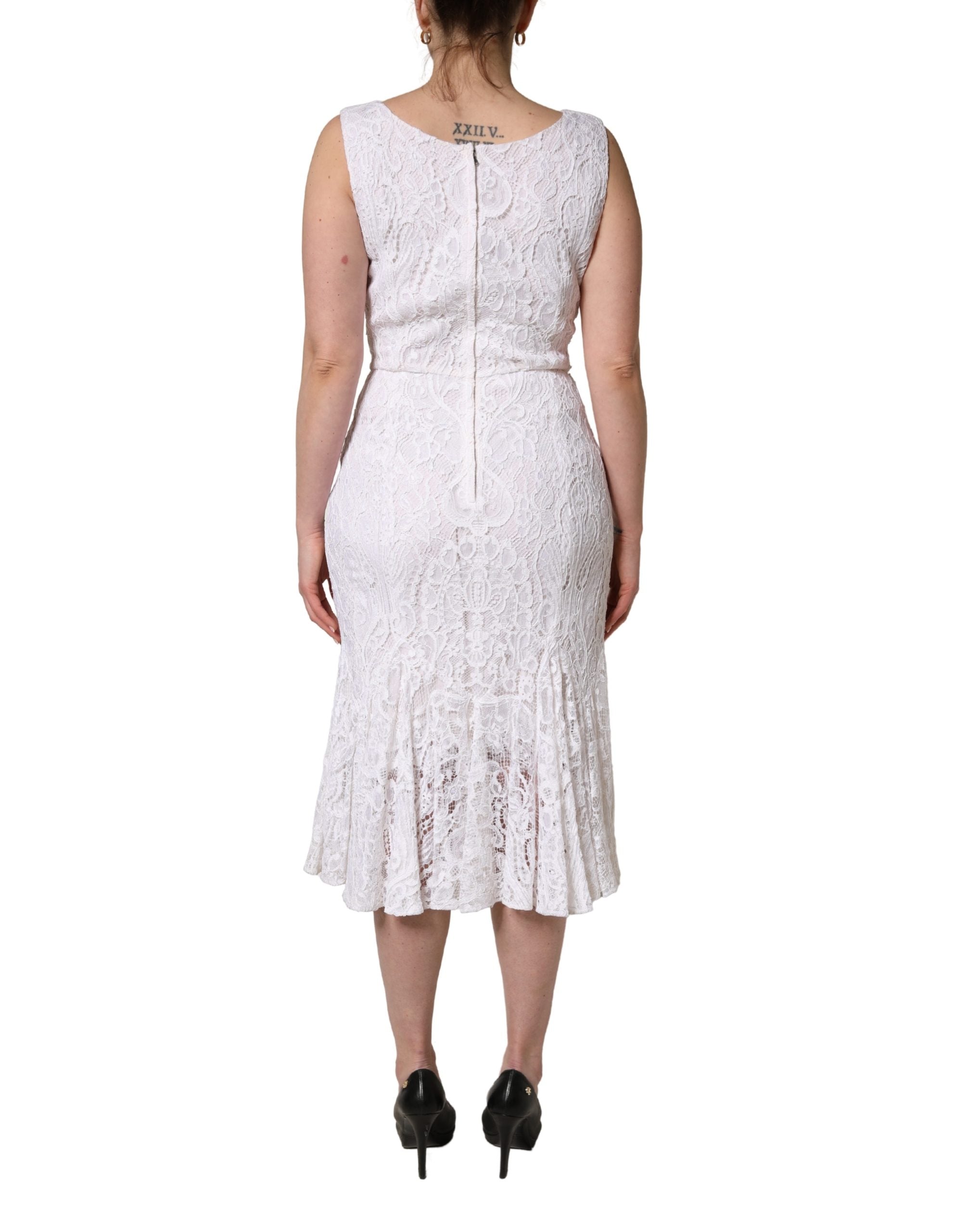 Dolce & Gabbana White Floral Lace Sleeveless Midi Dress