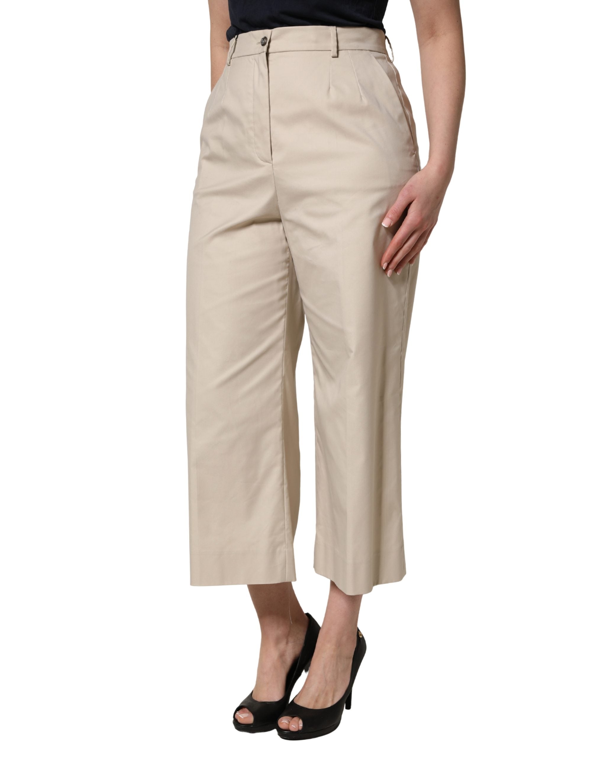 Dolce & Gabbana Beige Cotton Mid Waist Cropped Trouser Pants