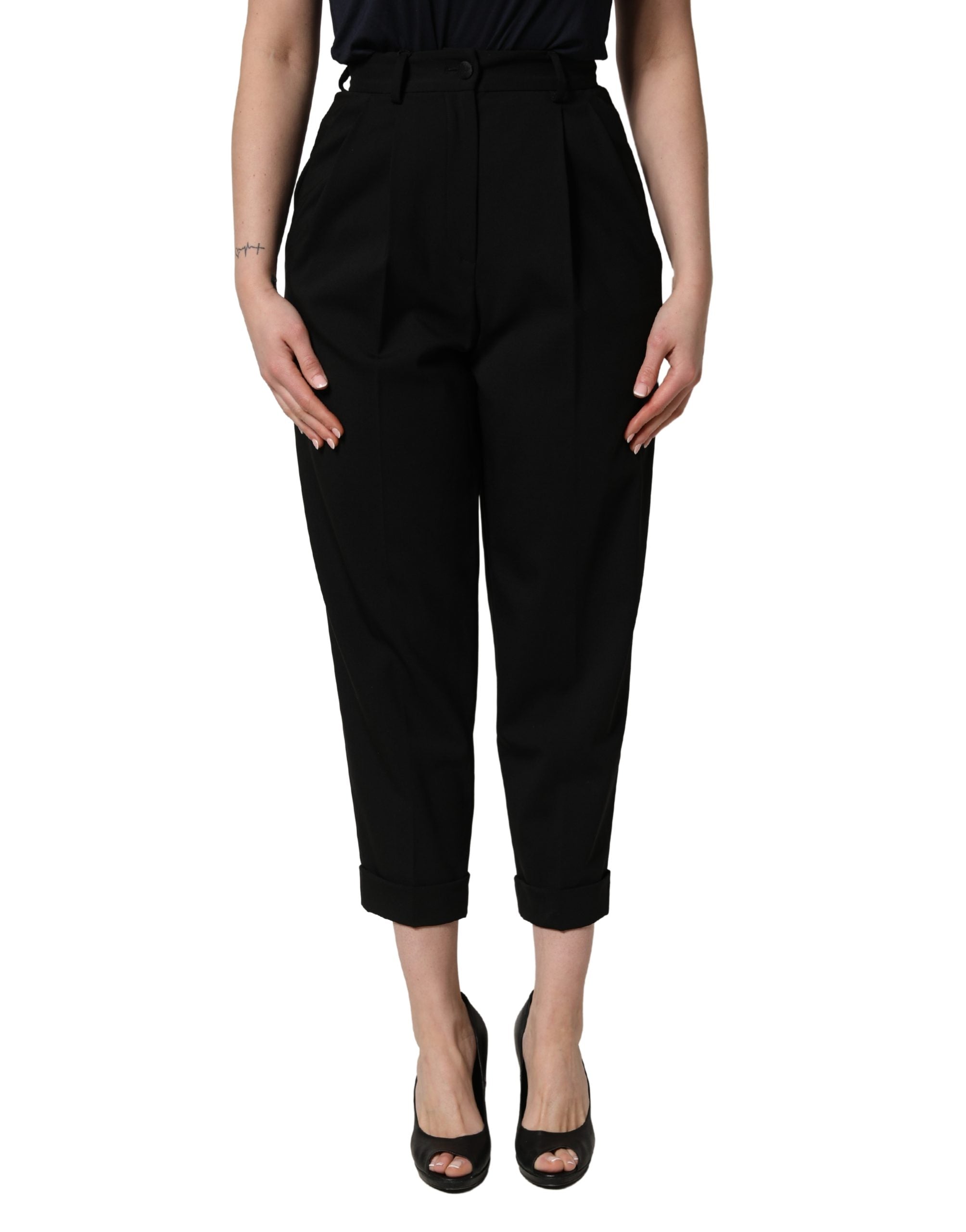 Dolce & Gabbana Black Wool High Waist Cropped Trouser Pants