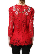Dolce & Gabbana Red Lace Floral Embroidery Long Sleeves Top