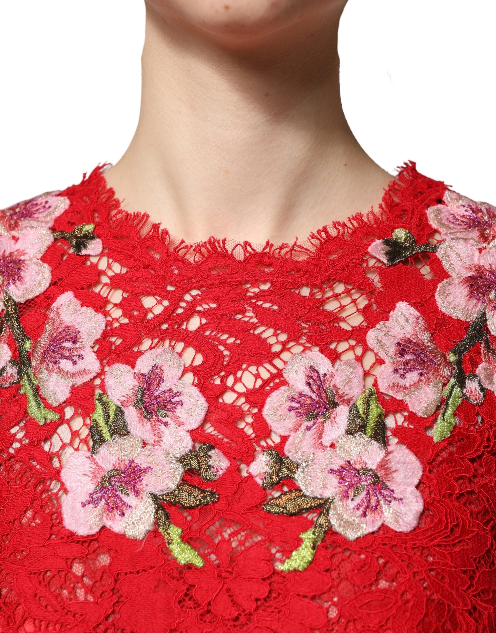 Dolce & Gabbana Red Lace Floral Embroidery Long Sleeves Top