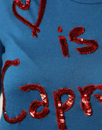 Dolce & Gabbana Blue Silk Sequined CrewNeck Pullover Sweater