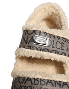 Dolce & Gabbana Beige Faux Fur Logo Print Flats Sandals Shoes