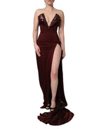 Dolce & Gabbana Maroon Embellished Vneck Evening Gown Dress