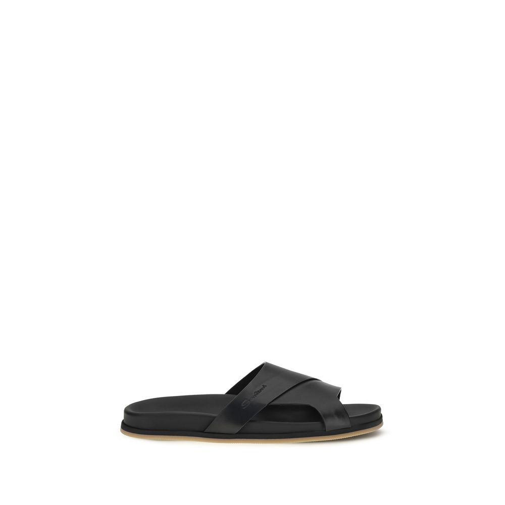 Santoni Black Calf Leather Bos Taurus Flat Sandals
