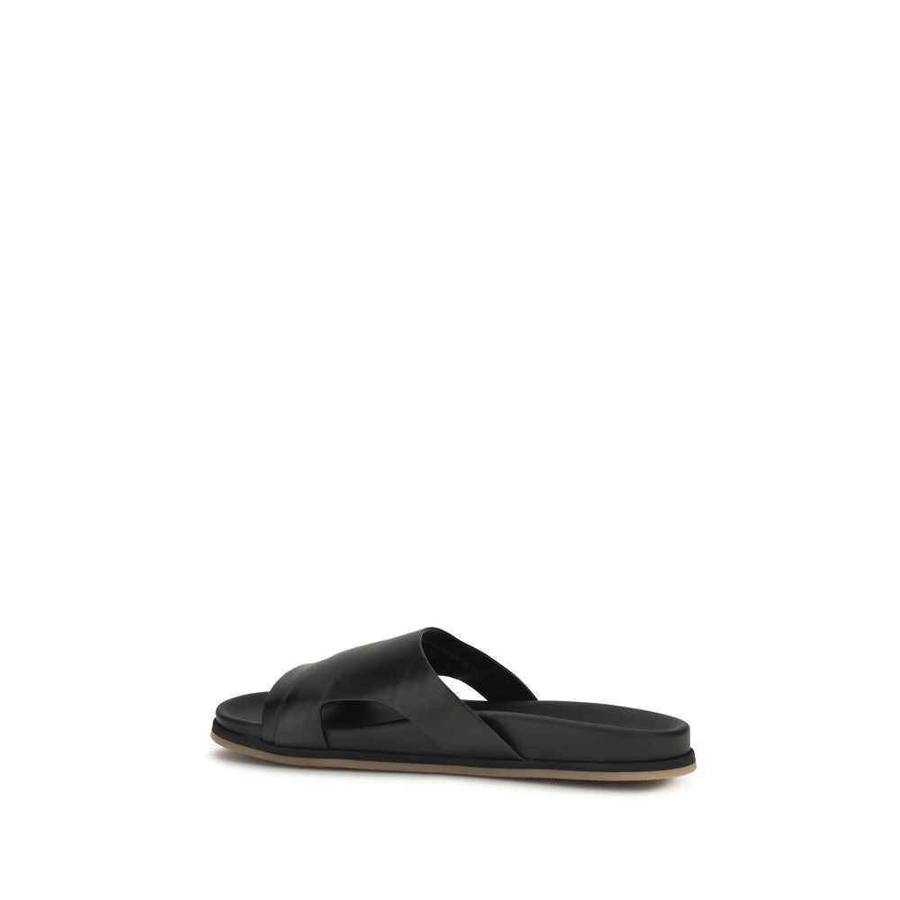 Santoni Black Calf Leather Bos Taurus Flat Sandals
