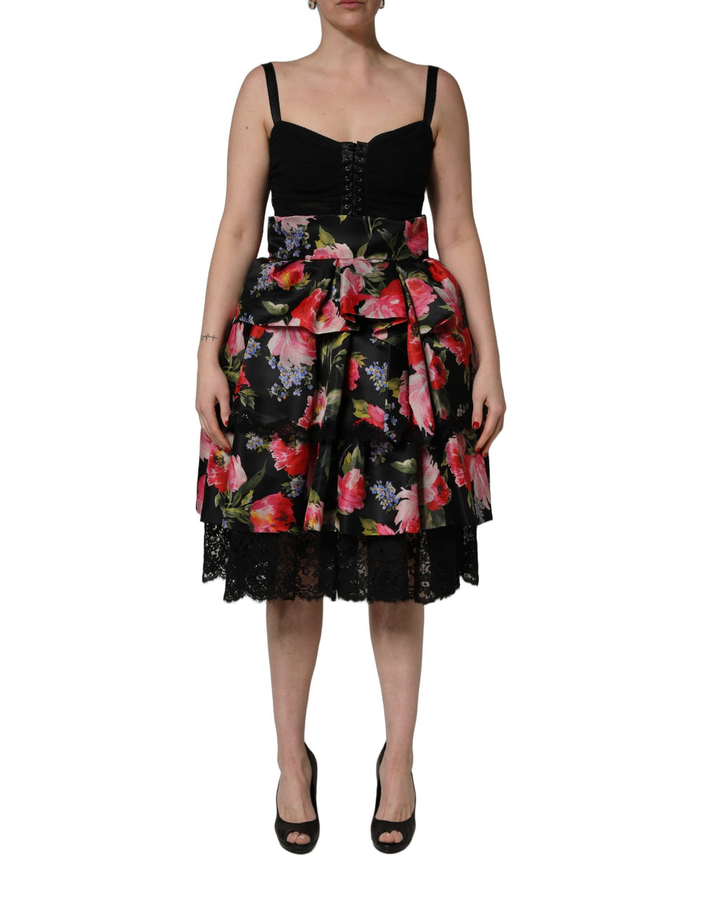 Dolce & Gabbana Black Sleeveless Bustier Floral Print Tiered Dress