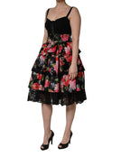Dolce & Gabbana Black Sleeveless Bustier Floral Print Tiered Dress