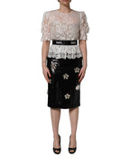 Dolce & Gabbana White Lace Top Embellished Black Skirt Dress