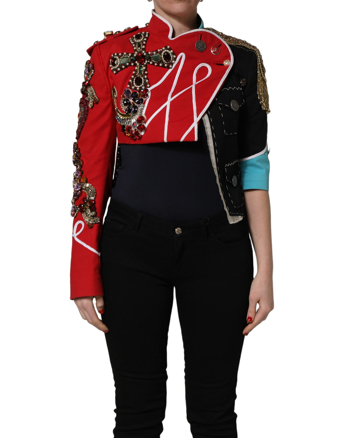 Dolce & Gabbana Multicolor Asymmetrical Ornate Jewel Cropped Jacket