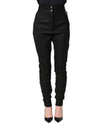 Dolce & Gabbana Black Wool High Waisted Logo Trouser Pants