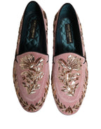 Dolce & Gabbana Pink Velvet Floral Embroidery Loafers Shoes