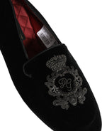 Dolce & Gabbana Black Velvet Crown Embroidery Loafers Shoes