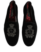 Dolce & Gabbana Black Velvet Crown Embroidery Loafers Shoes