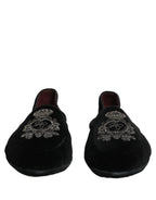 Dolce & Gabbana Black Velvet Crown Embroidery Loafers Shoes