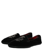 Dolce & Gabbana Black Velvet Crown Embroidery Loafers Shoes
