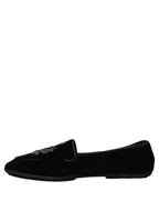 Dolce & Gabbana Black Velvet Crown Embroidery Loafers Shoes