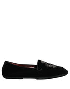 Dolce & Gabbana Black Velvet Crown Embroidery Loafers Shoes