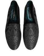 Dolce & Gabbana Silver Jacquard Leather Slip On Loafers Shoes