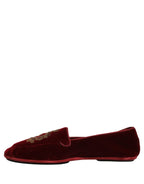 Dolce & Gabbana Maroon Velvet Crown Embroidery Loafers Shoes