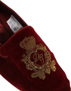 Dolce & Gabbana Maroon Velvet Crown Embroidery Loafers Shoes