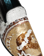 Dolce & Gabbana White Gold Sequined Slip On Loafers Shoes