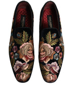 Dolce & Gabbana Black Velvet Floral Embroidery Loafers Shoes