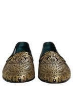 Dolce & Gabbana Gold Jacquard Leather Slip On Loafers Shoes