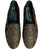 Dolce & Gabbana Gold Jacquard Leather Slip On Loafers Shoes