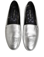 Dolce & Gabbana Silver Leather DG Logo Slip On Loafers Shoes