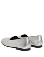 Dolce & Gabbana Silver Leather DG Logo Slip On Loafers Shoes