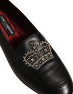 Dolce & Gabbana Black Leather Crown Embellished Loafers Shoes