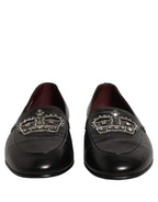 Dolce & Gabbana Black Leather Crown Embellished Loafers Shoes