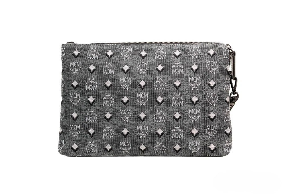MCM Veritas Medium Dark Grey Denim Monogram Logo Canvas Clutch Pouch Handbag