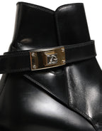 Dolce & Gabbana Black Leather DG Plaque Ankle Boots Shoes